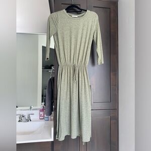 Women's Heathered Olive Green Drawstring Waist Midi Dress with Pockets